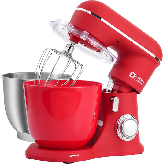 Kitchen in the Box Keukenmachine, 1300W, 10 snelheden, 4.5L + 5L mengkommen, elektrische standmixer met garde, klopper en deeghaak (Rood, 4.5L)