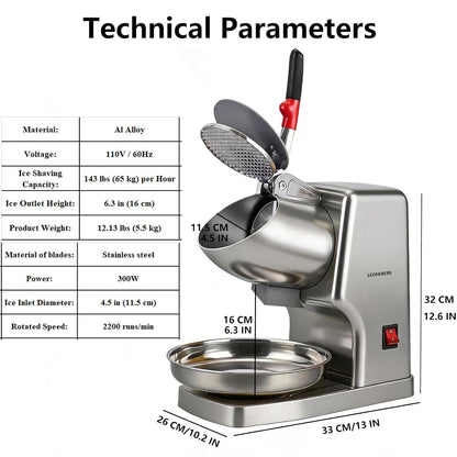 Elektrische ijsbreker met 2 messen, 65 kg/u, 300 W, 220 V, voor sneeuwkegel, cocktails, huishouden en commercieel, zilver