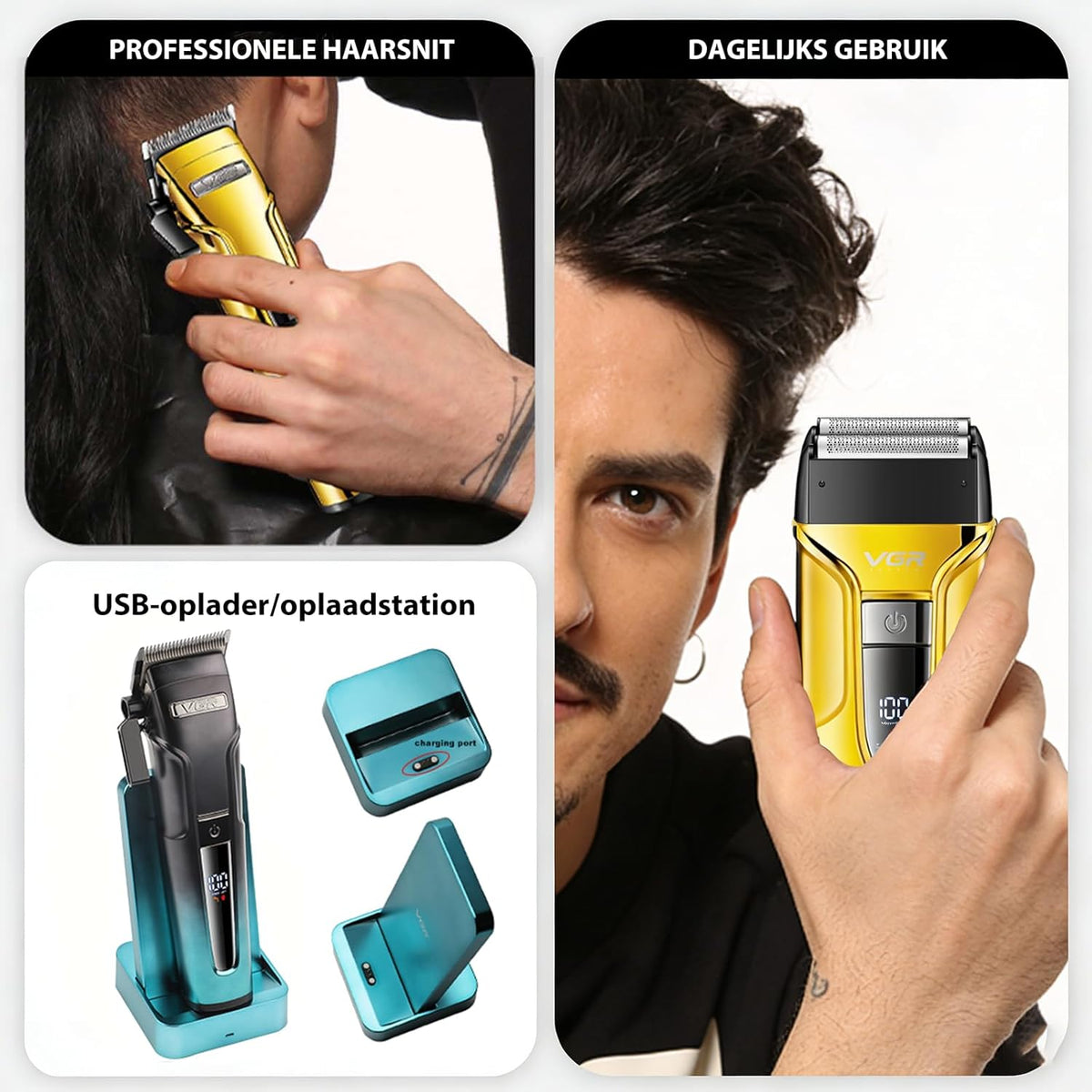 VGR 694 Professionele Tondeuseset, Draadloze Tondeuse voor Mannen, Trimmer en Scheerapparaatset met Magnetisch Laadstation, Kappersset met Keramisch Koolstofstalen Mes en LED Display, Goud