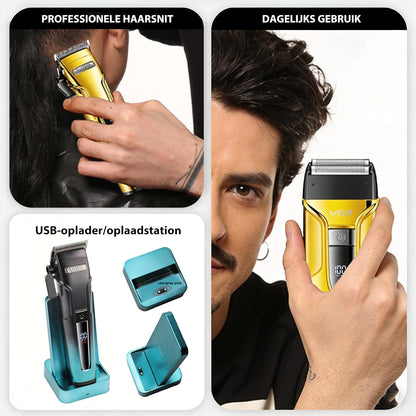 VGR 694 Professionele Tondeuseset, Draadloze Tondeuse voor Mannen, Trimmer en Scheerapparaatset met Magnetisch Laadstation, Kappersset met Keramisch Koolstofstalen Mes en LED Display, Goud