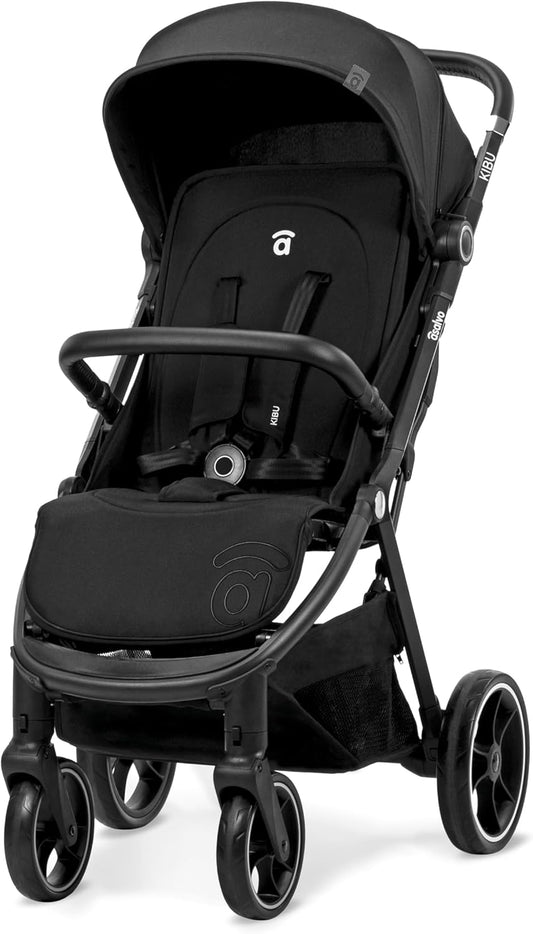 Asalvo Kibu Kinderwagen, comfortabel, ultralicht, veilig, kap met raam en rem, handig, compact inklapbaar, maximale belasting 24 kg, zwart