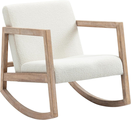 HOMCOM Wooden Frame Rocking Chair Upholstered Relax Chair Lounge Chair Living Room Chair Lounge with Upholstered Seat Rubber Wood Cream White 60 x 81 x 71 cm - QUORE