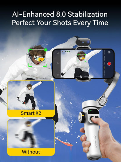 AOCHUAN Gimbal-stabilisator voor iPhone, telefoongimbal met AI-trackingsensor voor vlog-opname, 3-assige telefoongimbal met 7,8 inch verlengstang en OLED-display voor iPhone/Android-Smart X2 AI wit