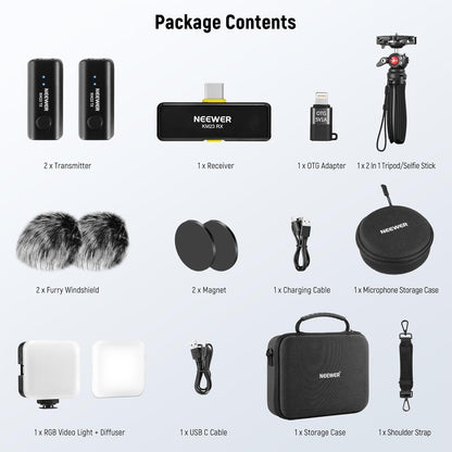 Vlogging kit voor telefoon voor iPhone en Android – Content creator kit – Podcast set – Telefoonstatief – Selfiestick – RGB videolicht 2500K-8500K met 20 effecten – Draadloze lavalier microfoon met ruisonderdrukking en 40 m bereik