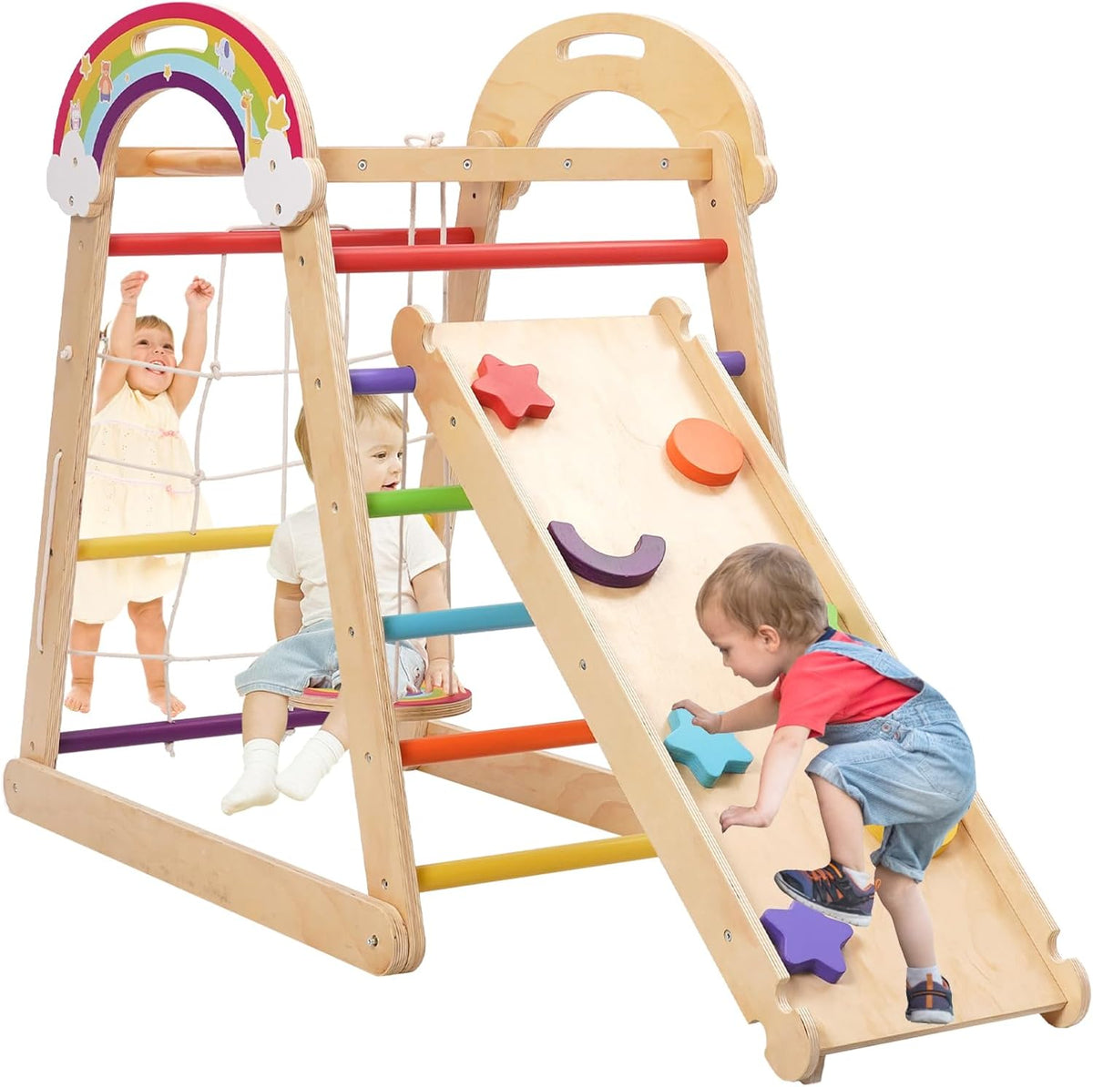 Montessori Klimrek, 5-in-1 indoor speelplaats voor kinderen, met schommel, boog, glijbaan en klimtouw