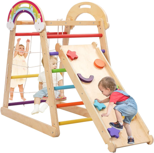 Montessori Klimrek, 5-in-1 indoor speelplaats voor kinderen, met schommel, boog, glijbaan en klimtouw