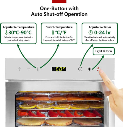Fruitdroger van roestvrij staal, met 6 planken en gratis receptenboek, BPA-vrij, temperatuurinstelling 30-90 °C, max. 24 uur, droogapparaat voor groenten, vlees, chili, 400 watt