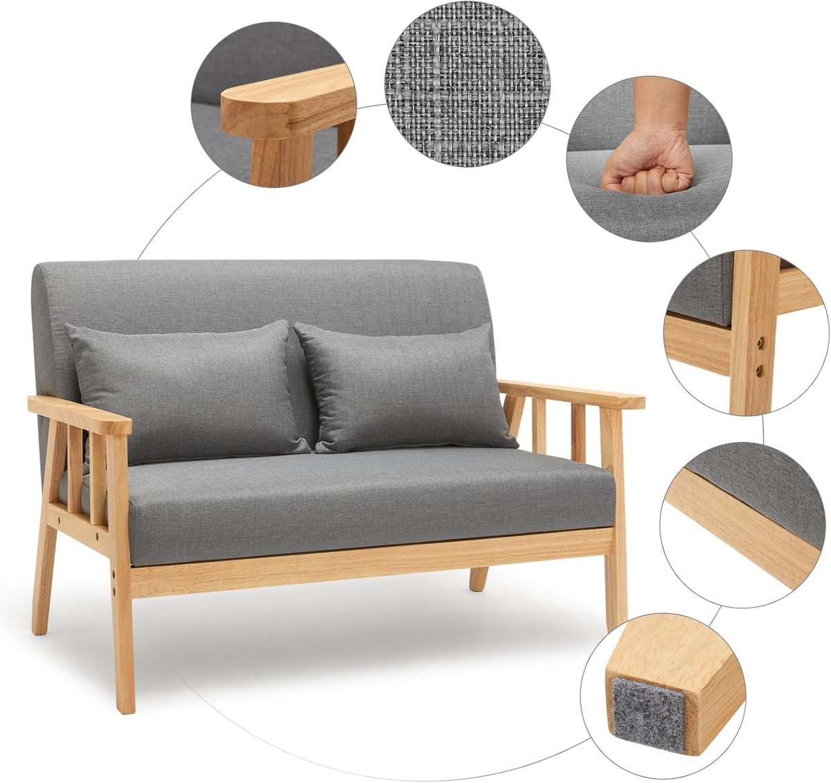 Meerveil Sofa 2 Seater Chair with Cushion, Solid Wood Frame, Linen Vintage Chair for Bedroom, Living Room, Office, 112 x 64 x 73 cm - QUORE