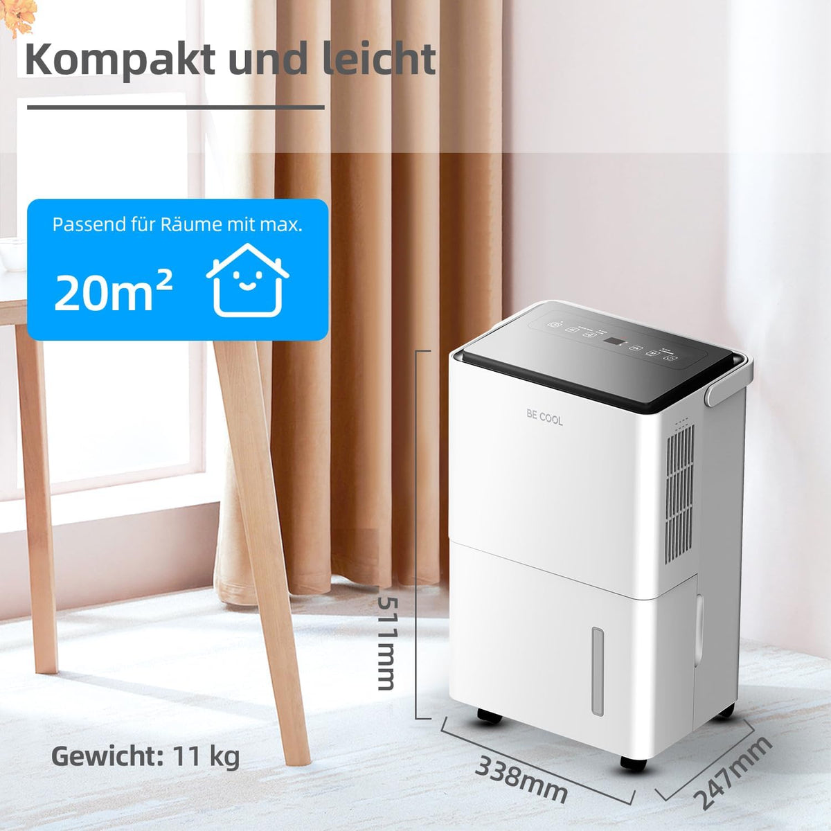 Be Cool BC20LEF2301 luchtontvochtiger 20m² 400W 20 l/dag Wit, Grijs