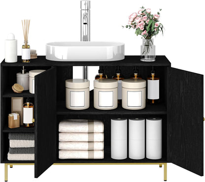 Hzuaneri Washbasin Unit, Bathroom Furniture, Under Cabinet, Extra Long, with Open Compartments and 2 Doors, Adjustable Shelf, Freestanding, For Bathroom, Black 30 x 90 x 63 cm BC09804G