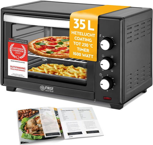 TZS First Austria - Minibakoven 35L 1600W - Mini Bakoven Pizzaoven traploze temperatuurregeling tot 230°C & antiaanbaklaag - Minioven 60 min. timer, 3 inschuifhoogtes, bakplaat & grillrooster