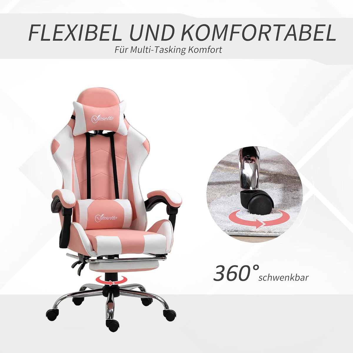 Vinsetto Gaming Chair, Ergonomic Office Chair with Headrest, Massage Lumbar Cushion, Footrest, Swivel Gaming Chair, PC Chair with Connecting Armrests, Tilt Function, Pink - QUORE