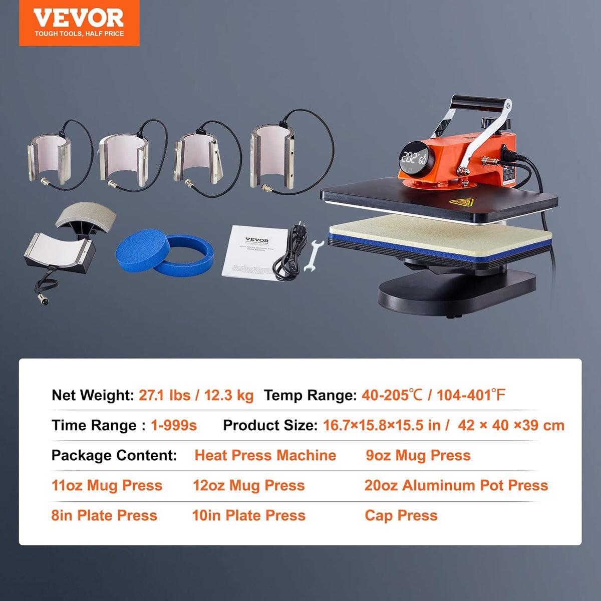 VEVOR Warmtepersmachine 8-in-1 combo T-shirt persmachine 360 ° swing away digitaal shirt afdrukken multifunctionele warmteoverdracht clamshell sublimatie voor T-shirt hoed pet mok plaat kussen tas