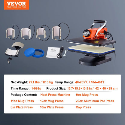 VEVOR Warmtepersmachine 8-in-1 combo T-shirt persmachine 360 ° swing away digitaal shirt afdrukken multifunctionele warmteoverdracht clamshell sublimatie voor T-shirt hoed pet mok plaat kussen tas