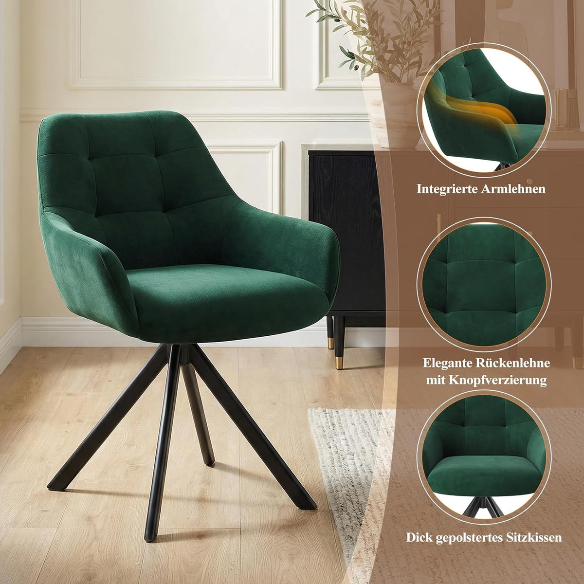 COLAMY Draaibare eetkamerstoelen, set van 2, eetkamerstoelen, draaibaar, met armleuning, draaibare armleuning, met rugleuning, voor eetkamer, stoelen van zachte poolstof met metalen frame voor keuken