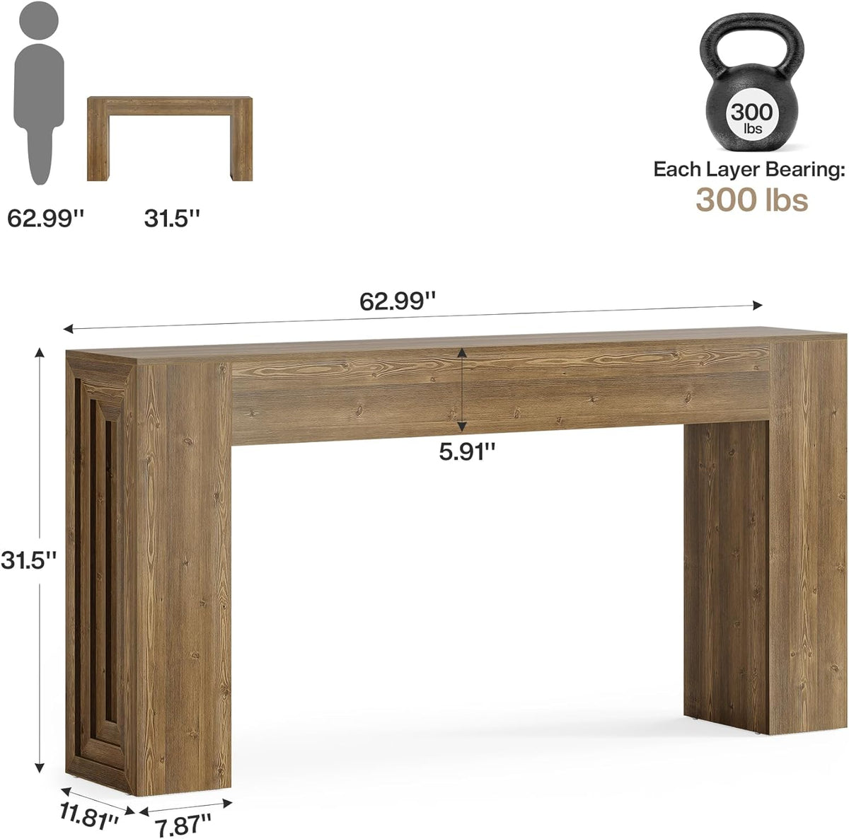Tribesigns 160 cm Long Console Table, Farmhouse, Narrow Sofa Table Behind the Sofa, for Living Room, Entrance, Hallway, Foyer, Natural Brown