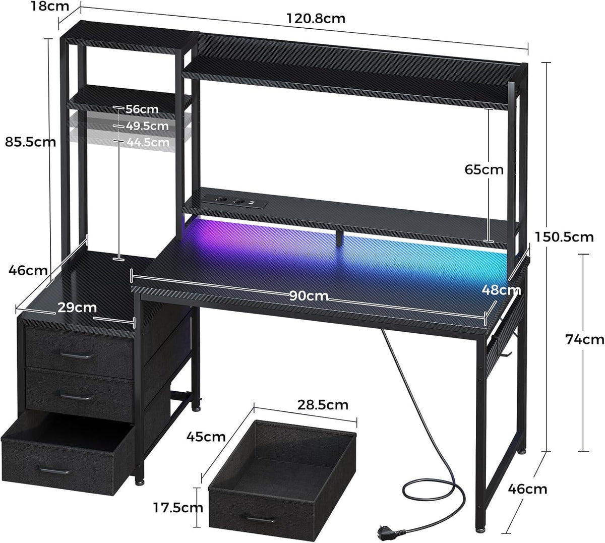Coleshome Gamingbureau met Plank en Lades, 120×48 cm Gamebureau met LED-verlichting & Ingebouwd Stopcontact, Computertafel met Opbergplanken & Monitorstandaard