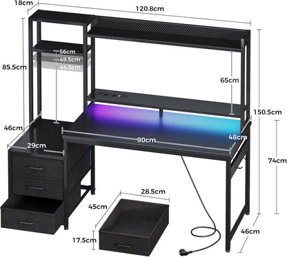 Coleshome Gamingbureau met Plank en Lades, 120×48 cm Gamebureau met LED-verlichting & Ingebouwd Stopcontact, Computertafel met Opbergplanken & Monitorstandaard