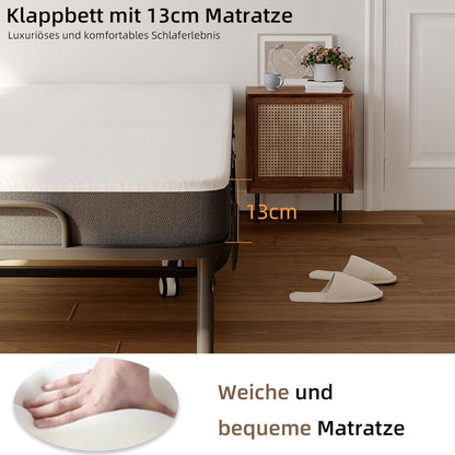 Deluxe opklapbed (incl. 13 cm dik traagschuimmatras), inklapbaar logeerbed, volwassenen 80 x 190 cm, metalen klapframe, versterkt metalen rooster, stofbestendige opbergtas, belastbaarheid 200 kg