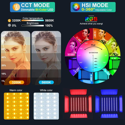 GVM Led-videolamp, paneel met statief, set van 2, 40 W, 800D RGB, fotografie, studiolicht, app-bediening, 3200K-5600K videoconferentielicht, 18 lichteffecten voor studio, fotografie, YouTube streaming