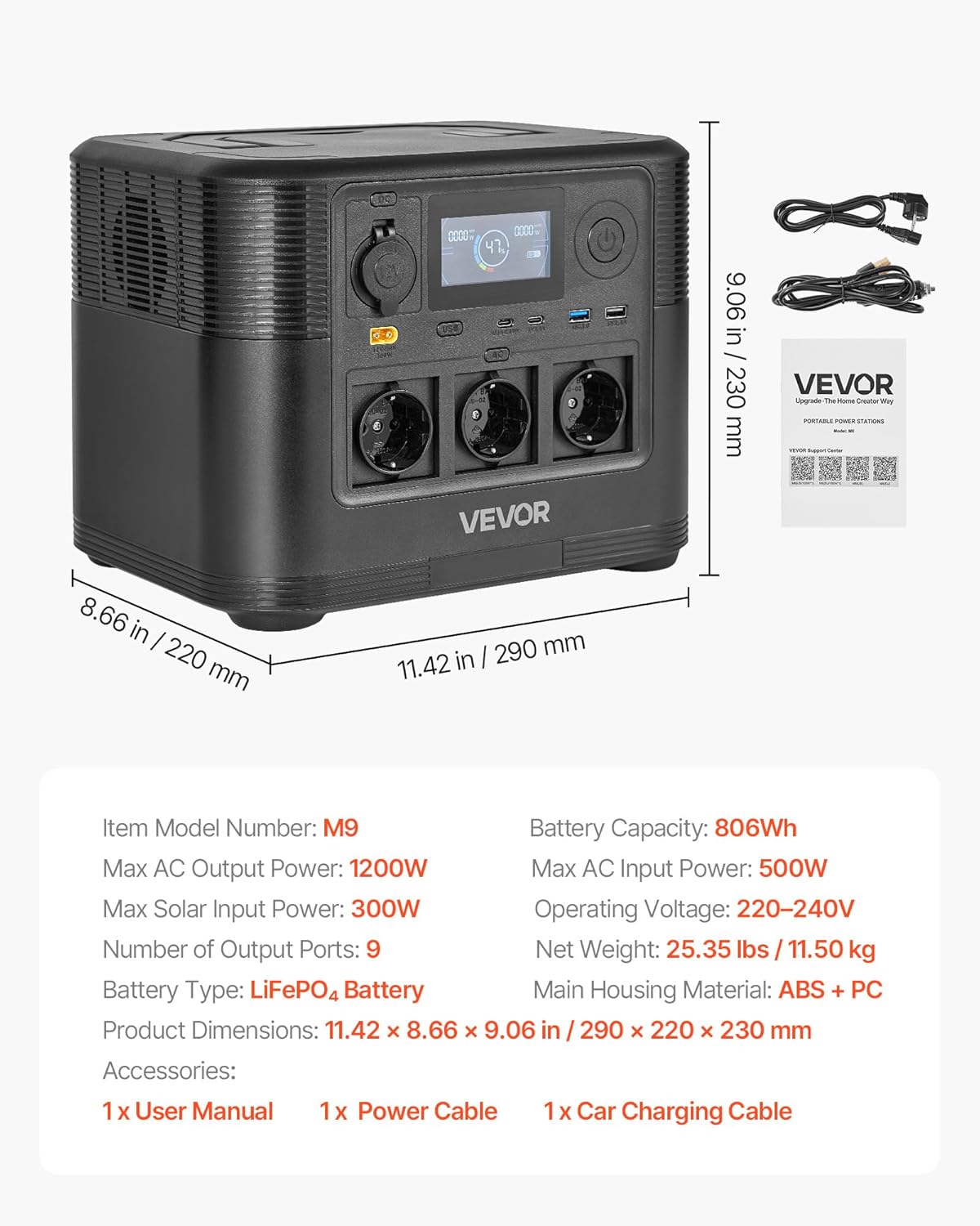 VEVOR Draagbaar powerstation, 1200 W, LifePO4-accu, 806 WH, met 9 uitgangen, voor thuis, camping, reizen in de camper, zonnepaneel niet inbegrepen