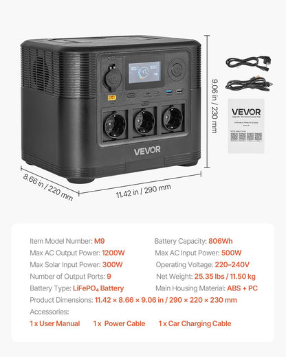VEVOR Draagbaar powerstation, 1200 W, LifePO4-accu, 806 WH, met 9 uitgangen, voor thuis, camping, reizen in de camper, zonnepaneel niet inbegrepen