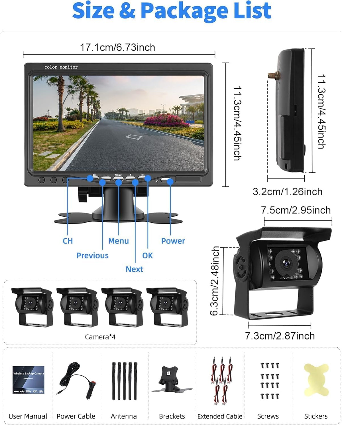 1080P Kabelloses Rückfahrkamerasystem für Wohnmobile, 7-Zoll-Rückfahrkameramonitor für 4 Kanäle mit wasserdichter IP69-Nachtsicht-Front-/Rückfahrkamera für LKW/Wohnmobil/Van/SUV/Pickup mit BSD