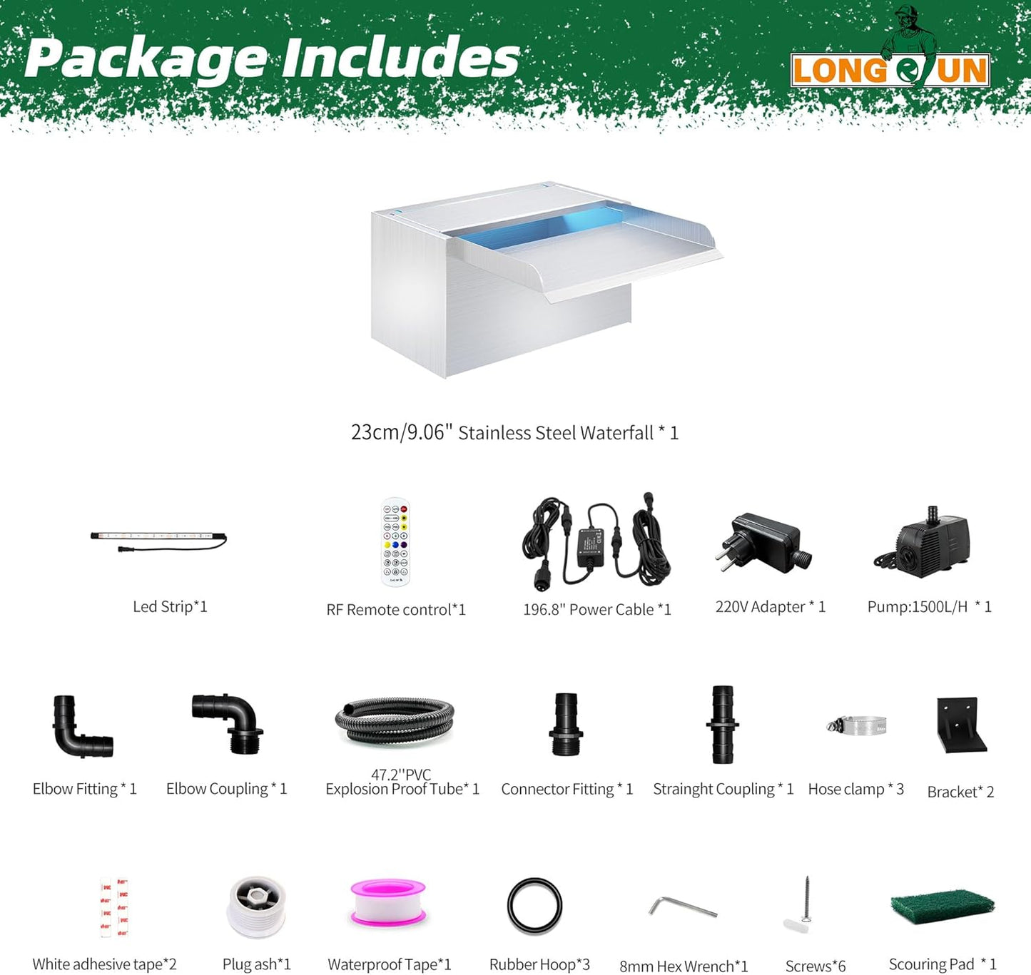 LONGRUN 23 cm vijver waterval, 304 roestvrij staal, zwembadwaterval met waterpomp, 7 kleuren Bluetooth LED tuinfontein
