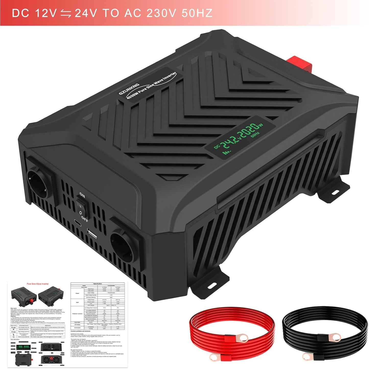 Omvormer 12V/24V Naar 230V – Spanningsomvormer – Zuivere Sinus Omvormer – Inverter – DC Naar AC Omvormer – Automatische 12V/24V Detectie – 2000W Continu, 4000W Piekvermogen