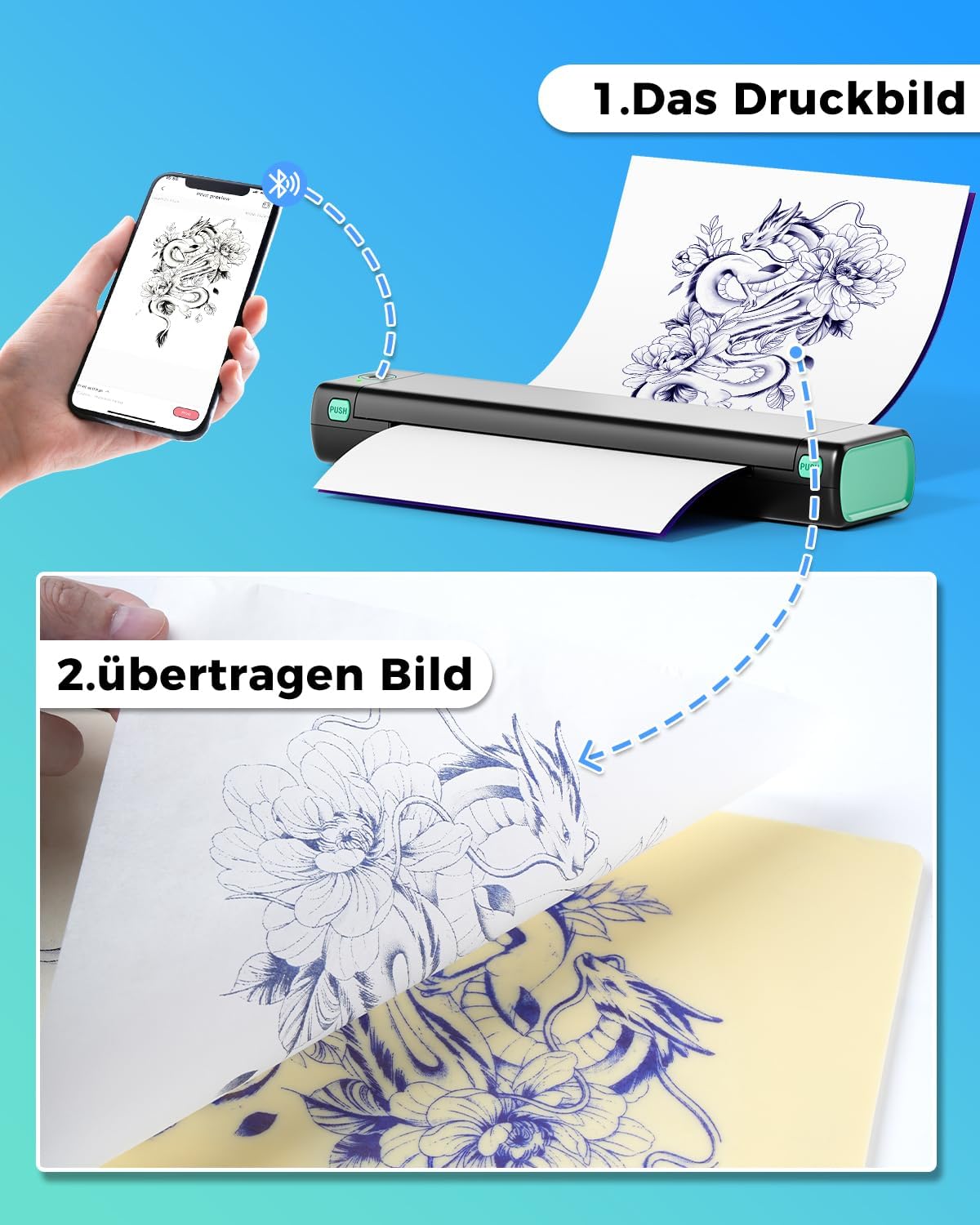 Phomemo M08F Tattoo Thermal Template Machine, Thermal Template, Maker for Beginners, Tattoo Artists, with 10 Pieces Tattoo Paper, Compatible with Smartphones and PC - QUORE