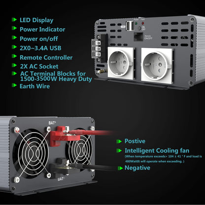3500W Zuivere Sinus Omvormer 24V naar 230 V Spanningsomvormer Power Omvormer Converter met LCD-scherm,Afstandsbediening,2 EU AC-Stopcontacten & 2 USB-poorten Voor Auto, Caravan,Boot, Camping