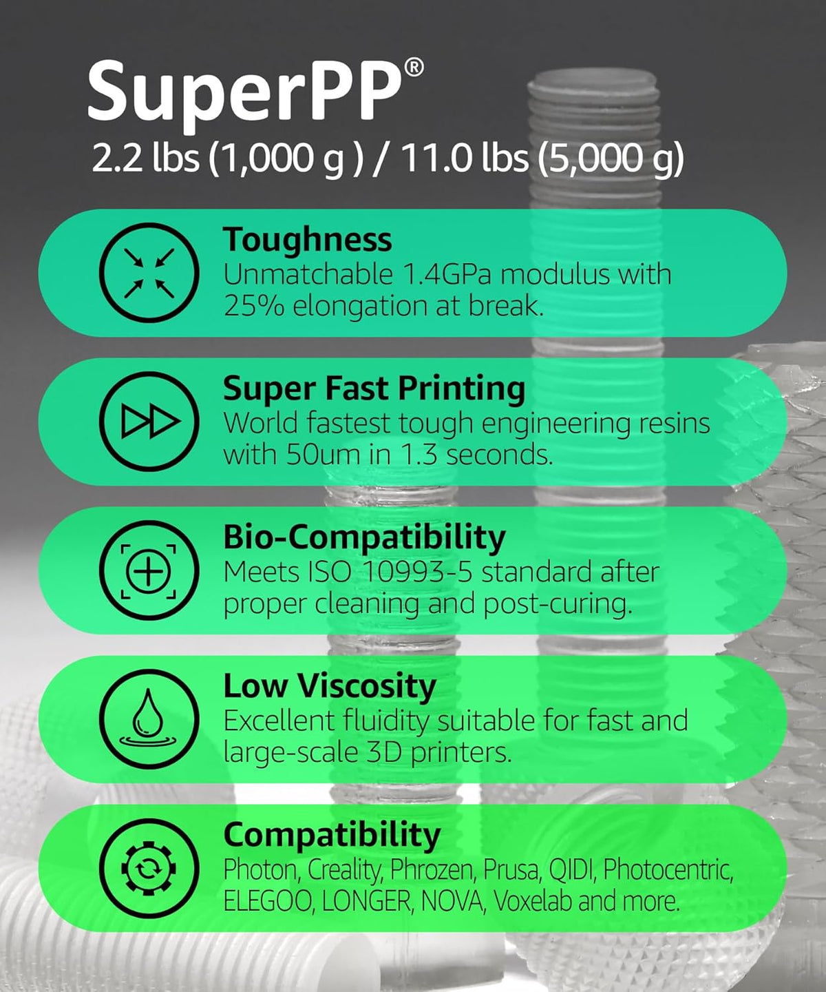 SuperPP 1.4GPa 5000g Transparante Snelste Sterkste 3D-hars, 50um bij 1.3 sec printen, Gemaakt in Korea.