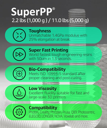 SuperPP 1.4GPa 5000g Transparante Snelste Sterkste 3D-hars, 50um bij 1.3 sec printen, Gemaakt in Korea.