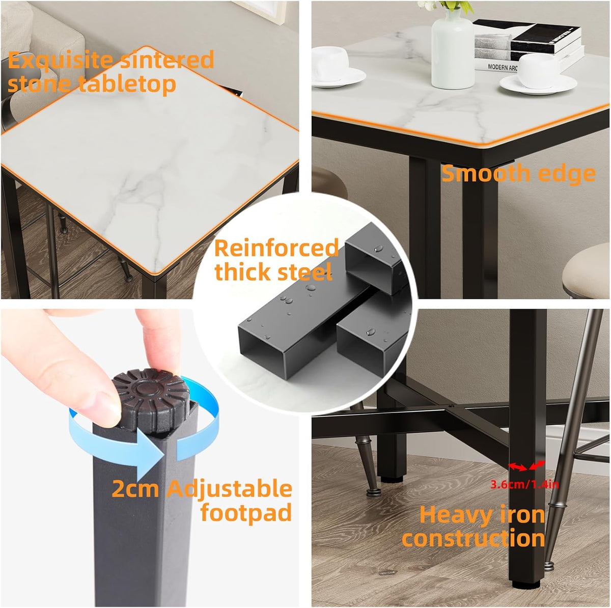 FATIVO Bartafel vierkant gesinterde steen: 70 x 70 cm glanzend wit marmeren staven tafels toonhoogte 105 cm cocktailtafel bar meubels voor thuis keuken ontbijt dineren, pub, coffeeshop, kantoor,