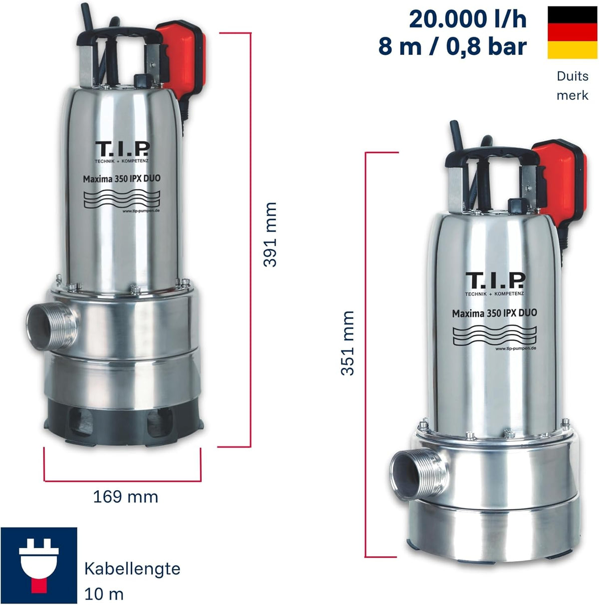 Vuilwaterpomp – Dompelpomp – Waterpomp – Drainagepomp – Noodpomp – Uitschuifbare Pompvoet – Vlakke Aanzuiging 1 Mm – 800 W – 20.000 L/uur – Max. Opvoerhoogte 8 M
