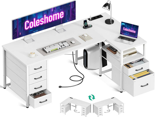Coleshome Bureau met Stoffen laden, Omkeerbaar Bureau, 140 x 80 cm L-vorm met Aktlade, Hoekbureau met USB-Oplaadpoort en Stopcontact, Thuiskantoor, Bureau, Wit
