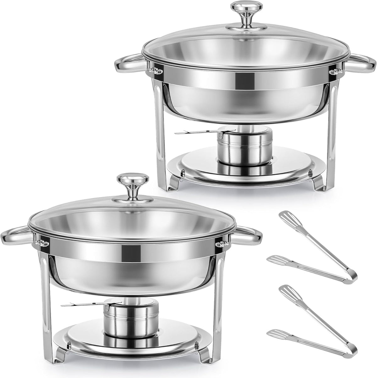 Wilprep Chafing dish rond met glazen deksel, Buffet set van 2, RVS voedselwarmer kit 5,5 liter, Bain Marie met brandpasta houder, voor partijen buffetten banketten diners