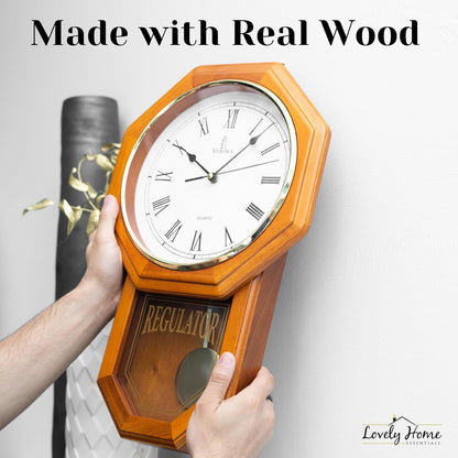 Pendulum Wall Clock Battery Operated - Real Wood Regulator Clock - Schoolhouse Design with Pendulum - Quiet, Non-Chiming - Wooden Wall Decor for Living Room Decor, Home, Office and Gift 18x11