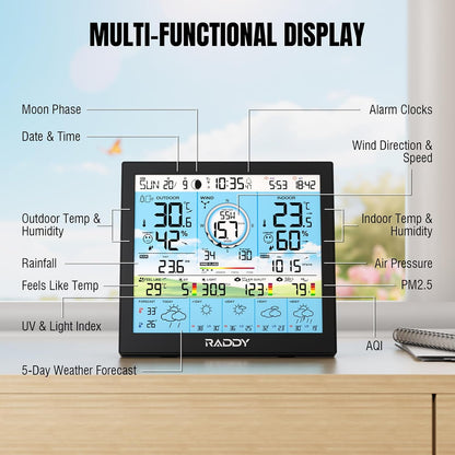 Raddy WF-120P Professioneel Wi-Fi weerstation, app-bediening, 10″ HTN-display, temp. & vocht int./ext., UV & lichtindex, PM2.5 AQI, 5-daagse weersverwachting, 7-in-1 buitensensor boerderij
