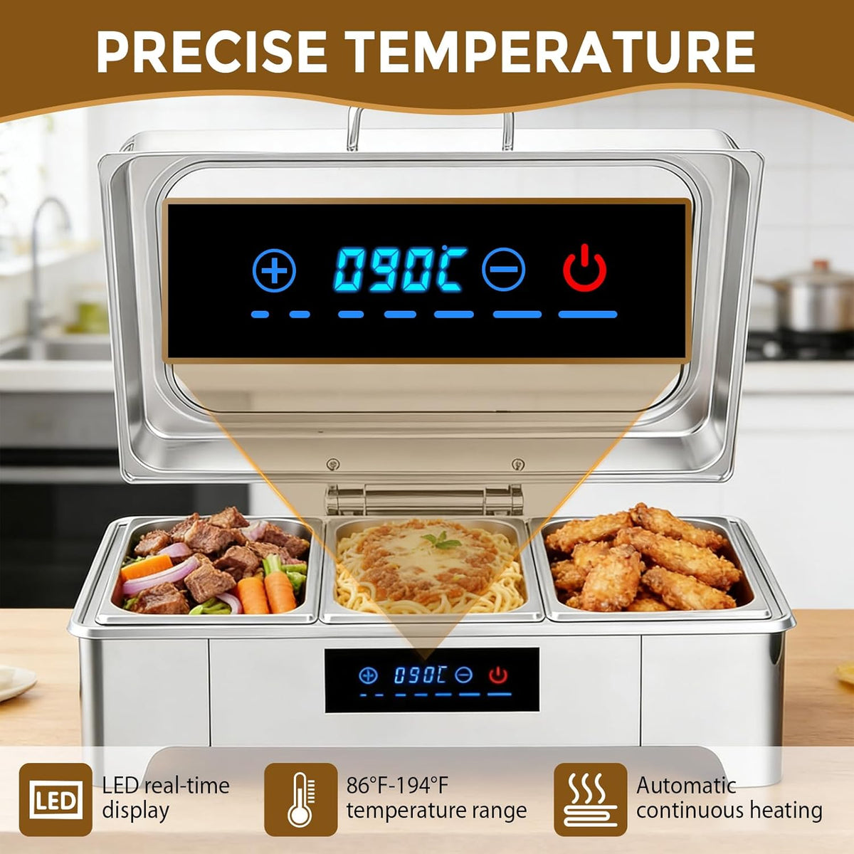 Maaltijd Chafing Dish, 9L roestvrij staal voedselwarmer met zichtbaar glazen deksel, 3 stuks roestvrij stalen warmhoudbakken voor feesten, bruiloften, buffet en feestjes (3 sets 1/3+1/3+1/3 GN