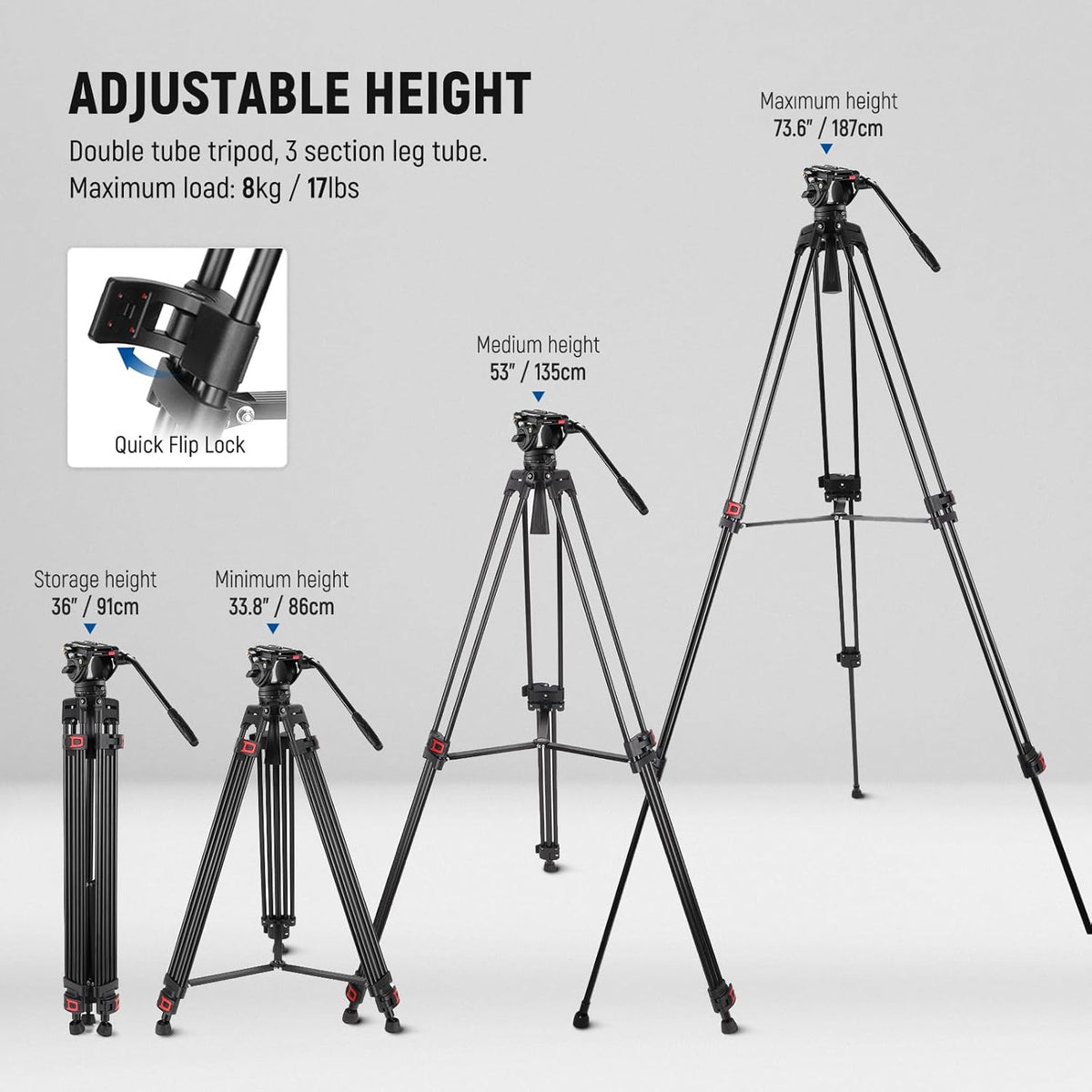 Videostatief – Camerastatief – Fotostatief – Filmstatief – Driepoot – Vloeistofkop Met Dempingsregeling – Verstelbaar Van 86 Tot 187 Cm