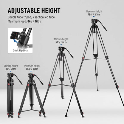 Videostatief – Camerastatief – Fotostatief – Filmstatief – Driepoot – Vloeistofkop Met Dempingsregeling – Verstelbaar Van 86 Tot 187 Cm