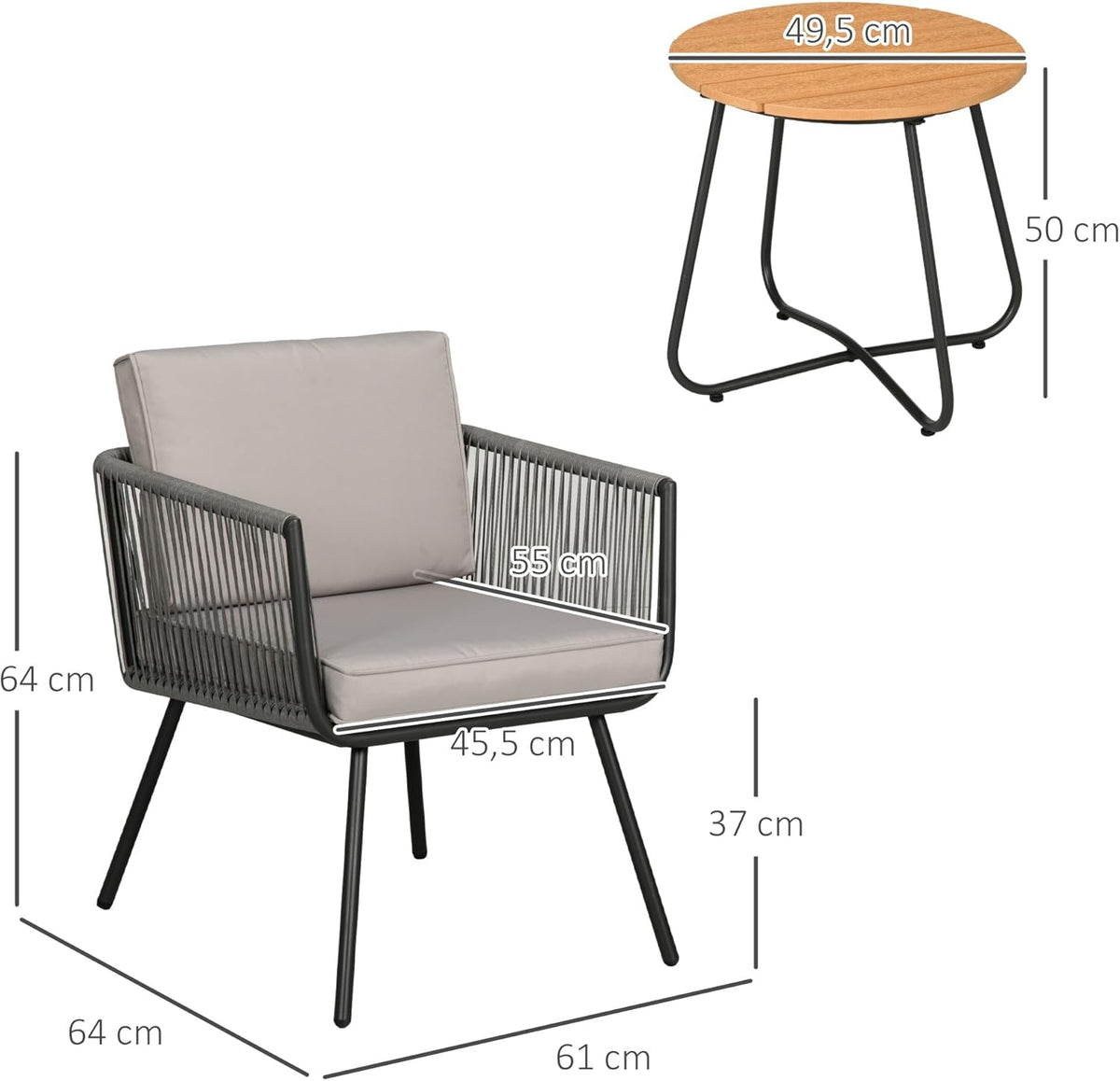 Outsunny Tuinmeubelset van polyrotan, 3-delig, stalen frame, 2 stoelen + 1 salontafel, kussens, grijs