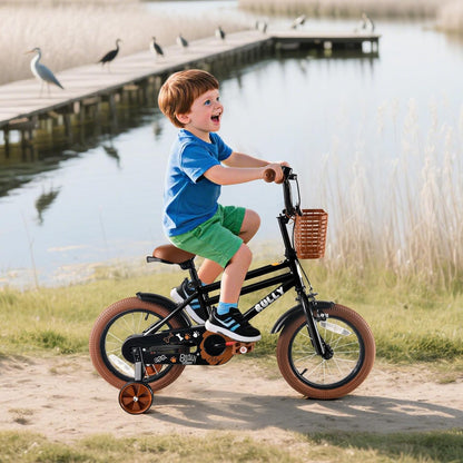 RULLY 12-16 inch jongensfiets voor kinderen van 2 tot 6 jaar, fiets met steunwielen, terugtraprem en handrem, mand vooraan - blauw, zwart, groen