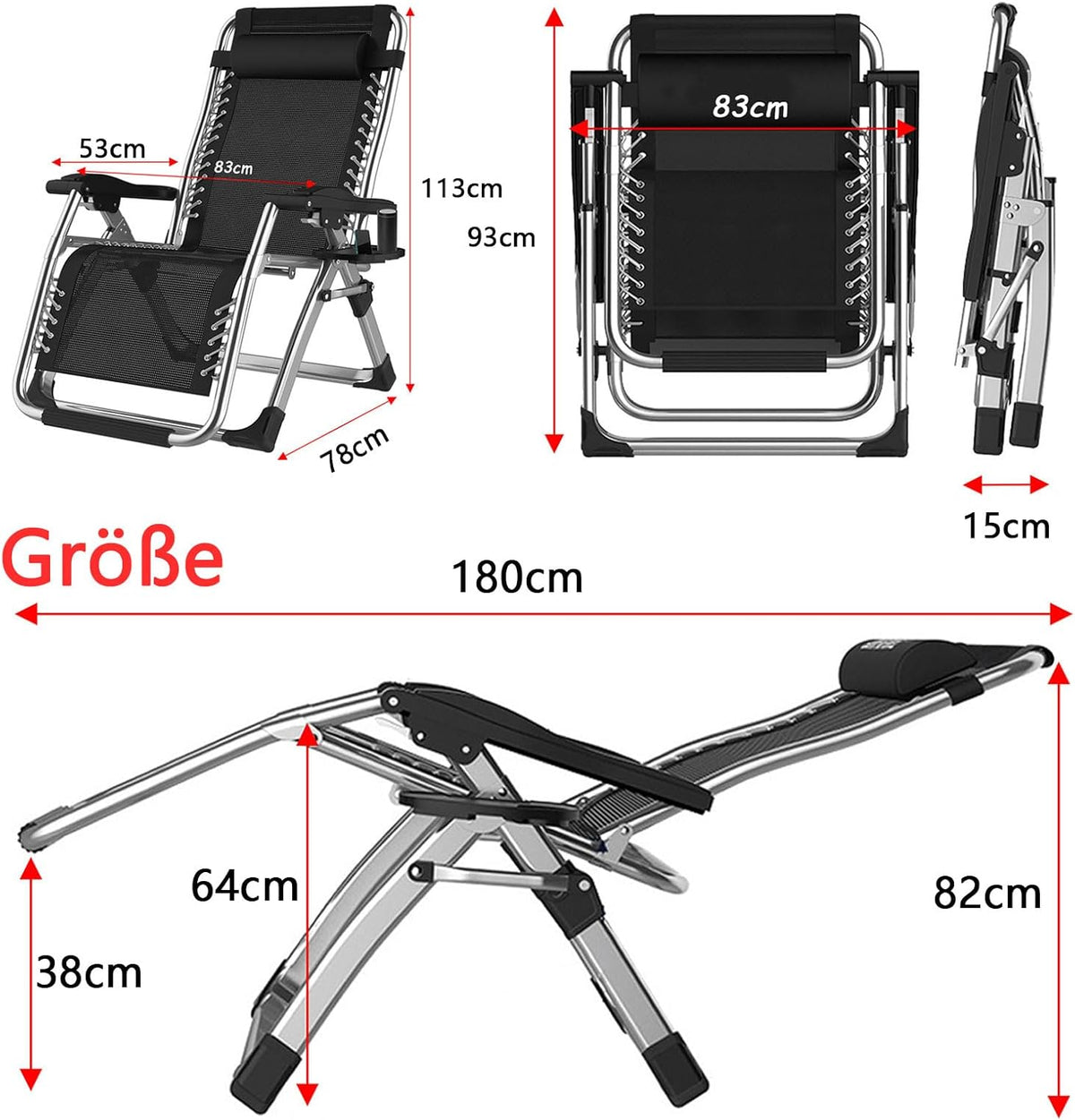 Zero Gravity Folding Sun Lounger Supports Up to 200 kg Recliner Foldable Sun Lounger Folding with Cup Holder Cushion Headrest for Garden, Patio or Balcony (Silver, 83 cm)