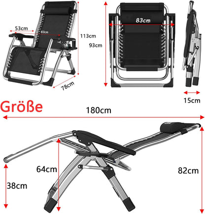Zero Gravity Folding Sun Lounger Supports Up to 200 kg Recliner Foldable Sun Lounger Folding with Cup Holder Cushion Headrest for Garden, Patio or Balcony (Silver, 83 cm)