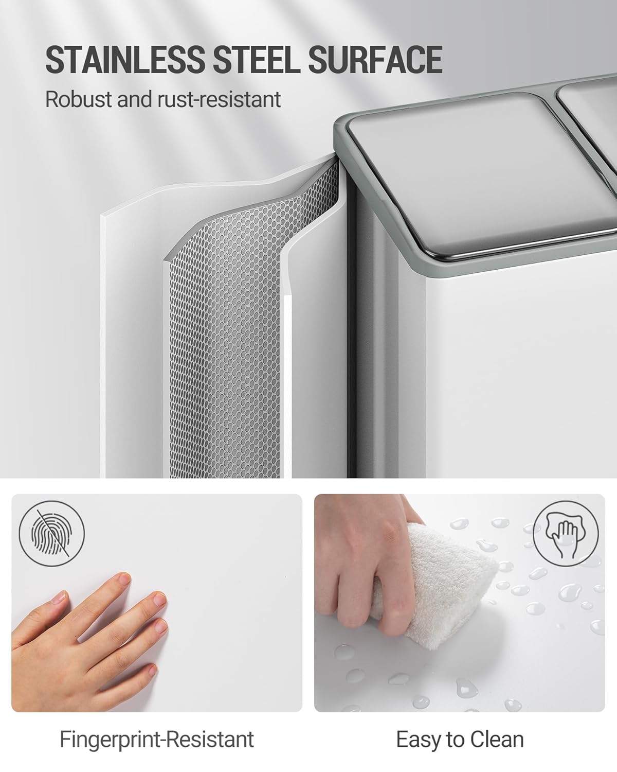 Hzuaneri Kitchen Trash Bin, Waste Separation System, 2 Compartments, 60 L (2 x 30 L), Stainless Steel Kitchen Trash Bin, Pedal Bin, Silent Slow Waste Bag, with 15 Exclusive Waste Bag, White