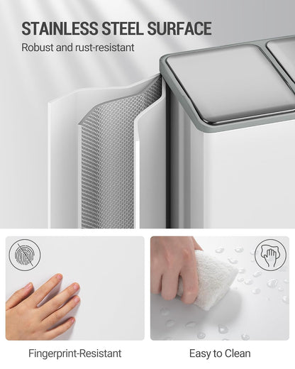 Hzuaneri Kitchen Trash Bin, Waste Separation System, 2 Compartments, 60 L (2 x 30 L), Stainless Steel Kitchen Trash Bin, Pedal Bin, Silent Slow Waste Bag, with 15 Exclusive Waste Bag, White