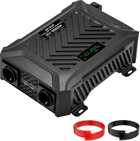omvormer 12V naar 230V zuivere sinus 2000W/4000W Spanningsomvormer 12v 230v met 2 EU-stopcontacten, 1 Type-C poort, 2.1A USB-poort voor Vrachtwagens, Camping, Kamperen