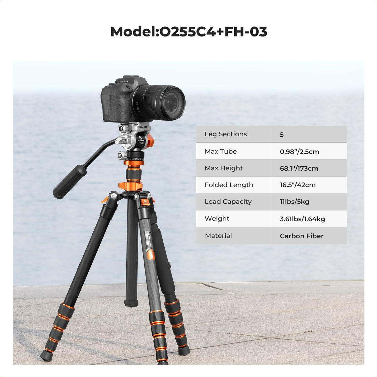 K&F CONCEPT Camerastatief van koolstofvezel, 173 cm, fotostatief met hydraulische kop ± 90 graden, videostatief monopod 182 cm met Arca Swiss voor DSLR, Max 5 kg, O255C4+FH-03